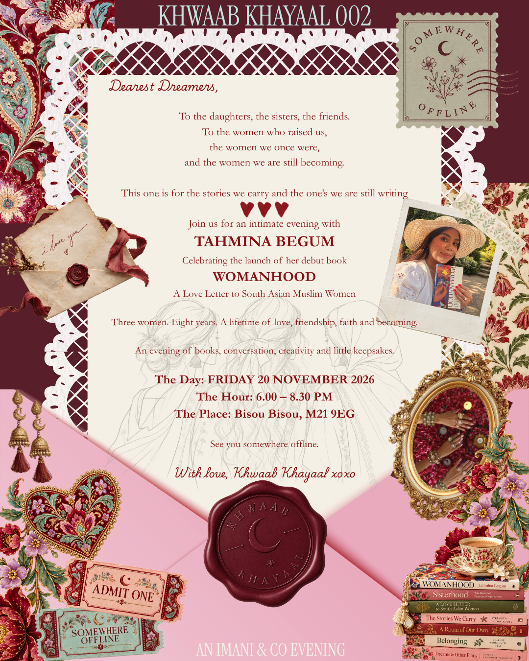 A decorative event flyer for a book launch titled 'Womanhood' by Dhruv Dreamers, featuring a cream central text panel surrounded by ornate burgundy lace borders, pink envelope elements, vintage ticket graphics, and a small photo of a woman.