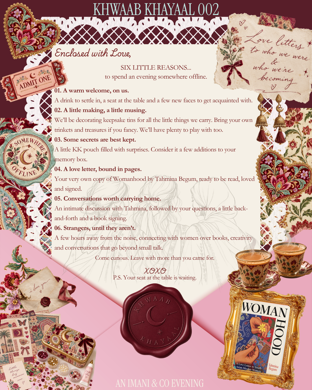 A pink-themed collage titled 'KHIWAAB KHAYAL 002' featuring vintage-style illustrations, decorative labels, and text references such as 'Enchanted with Louis,' 'Love letters to who are becoming us,' and 'Woman from a Dream.' The layout resembles a styled vintage letter or scrapbook page rather than a straightforward product photo.