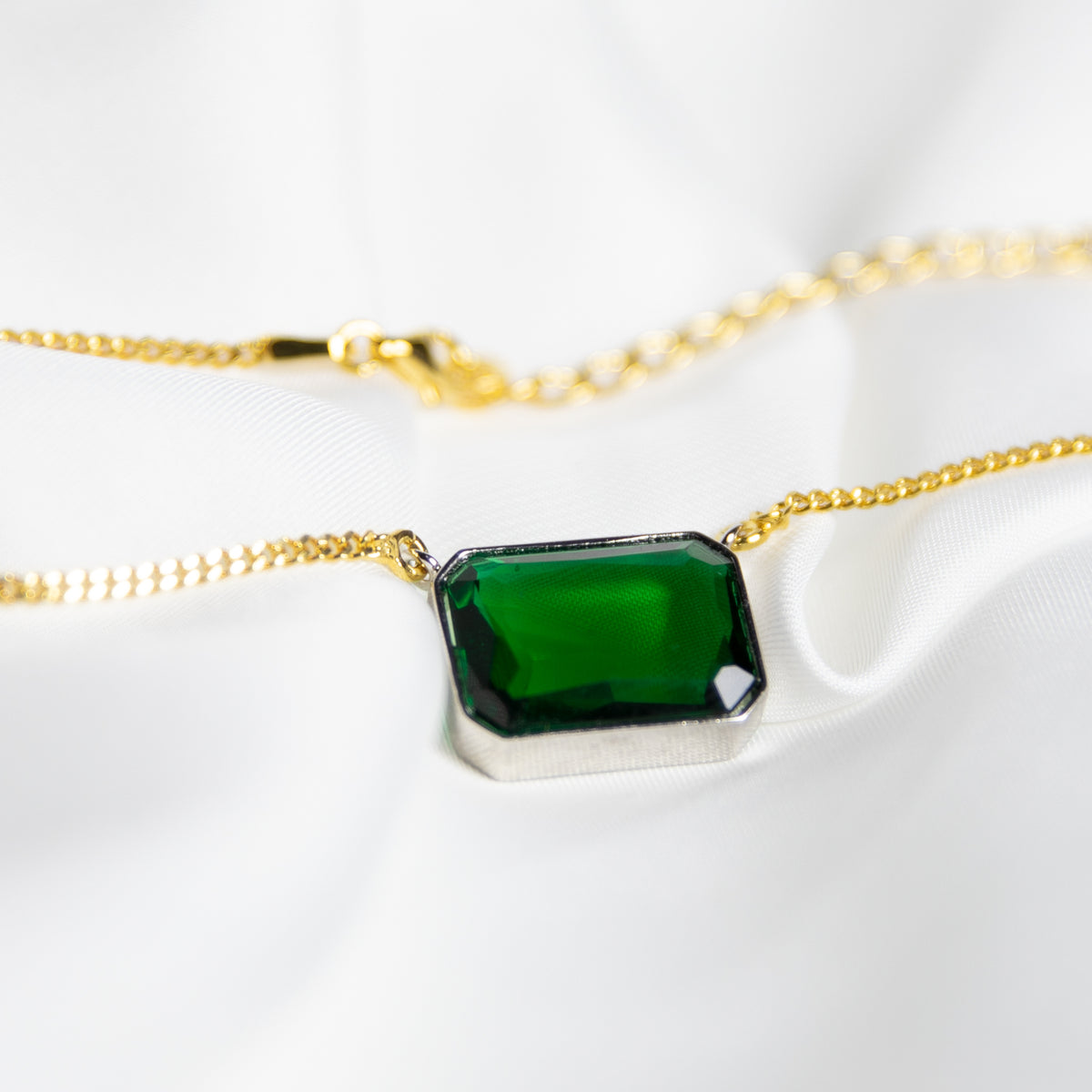 Forest Green Gem Drop Necklace, Two-Tone
