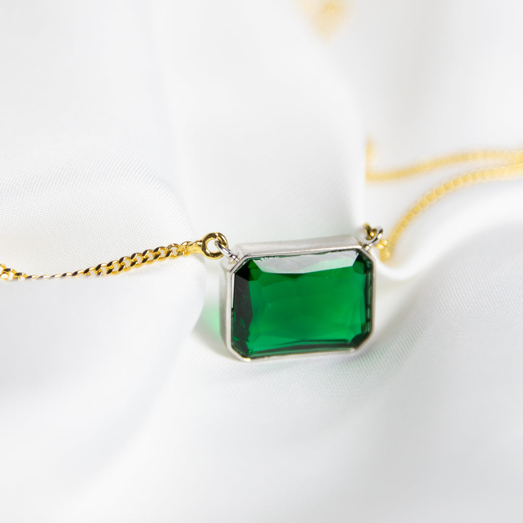 Forest Green Gem Drop Necklace, Two-Tone