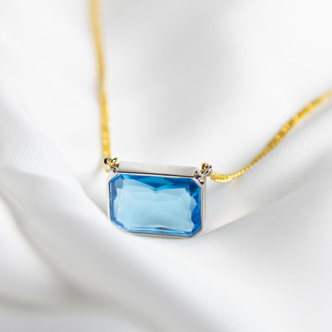 Ocean Blue Gem Drop Necklace, Two-Tone