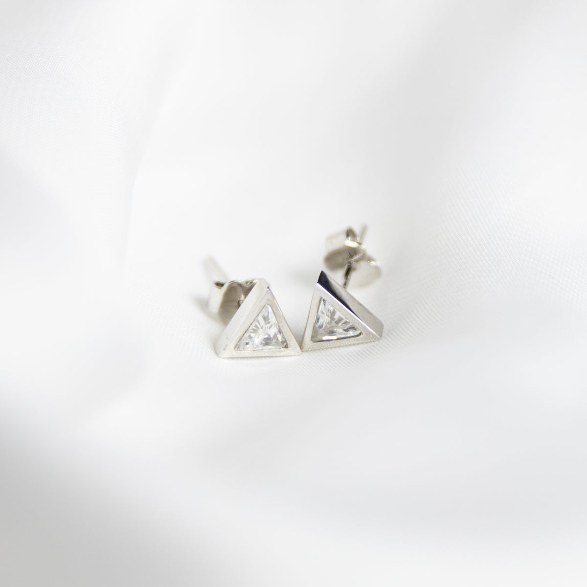 Clear Gem Triangle Studs, Silver