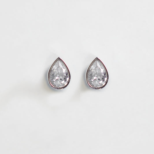Clear Gem Pear Studs, Silver